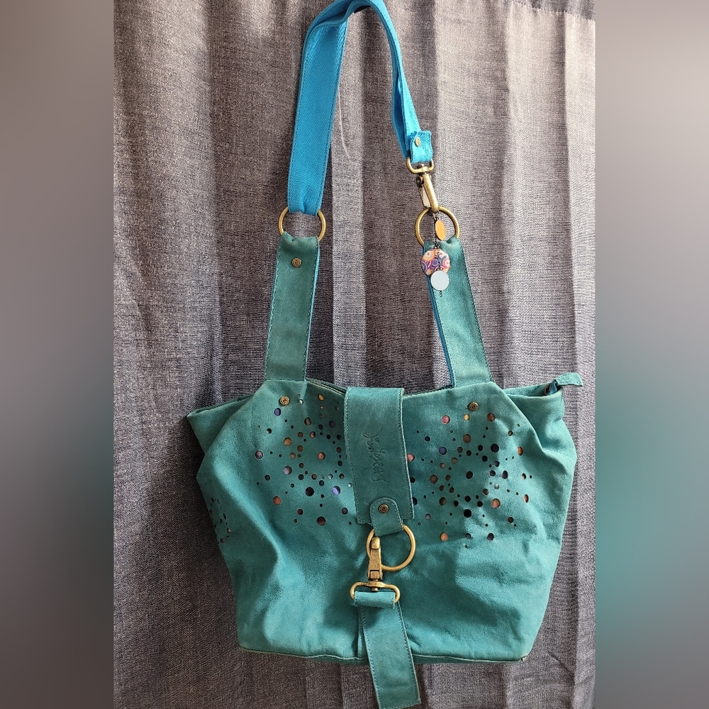 Desigual Teal Leather Tote with Multicolor Peek-Through